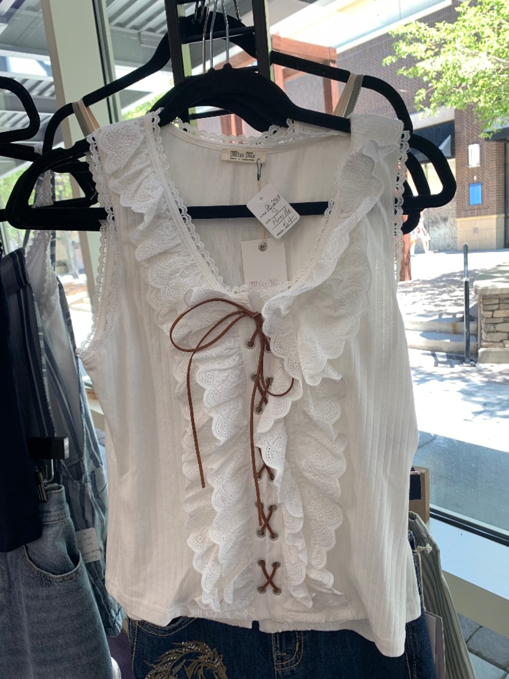 NWT Miss Me white sleeveless top with ruffle and leather lace up